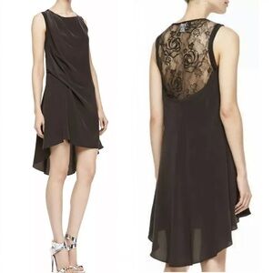 Haute Hippie 100% Silk Tuck Lace Back High Low Dress in Dark Graphite Small